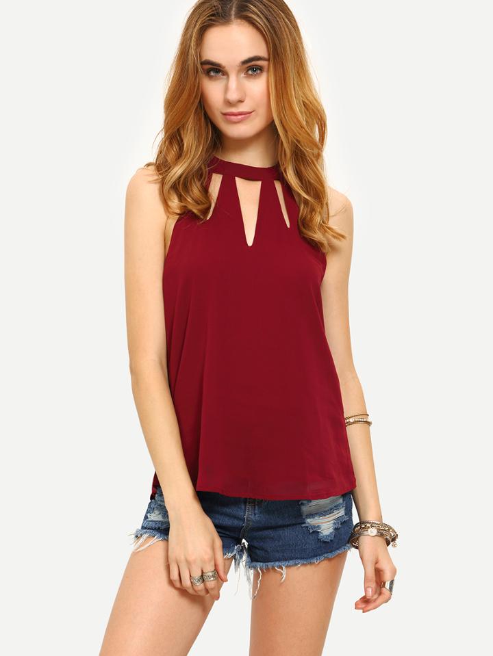 Romwe Double Keyhole Halter Neck Top - Burgandy