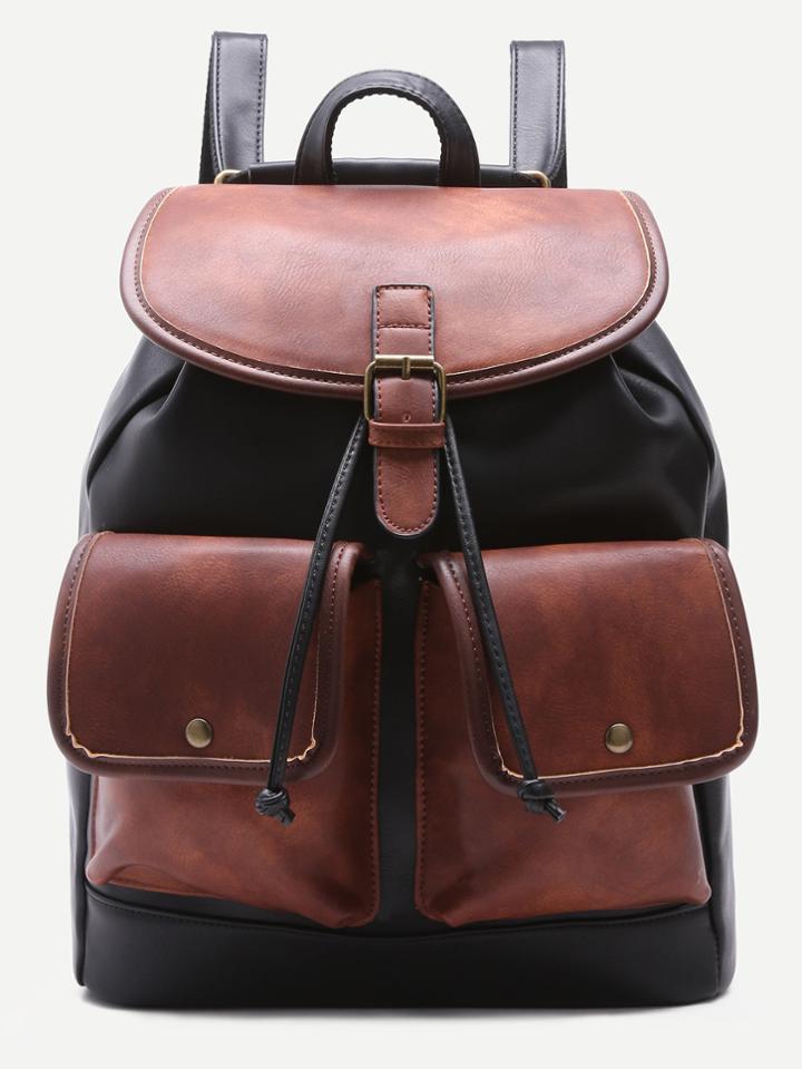Romwe Color Block Pu Double Pocket Drawstring Backpack