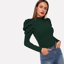 Romwe Keyhole Back Leg-of-mutton Sleeve Mock Tee