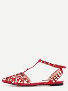 Romwe Red Almond Toe Studded T-strap Flats