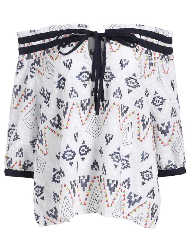 Romwe Off The Shoulder Geometric Embroidered Top