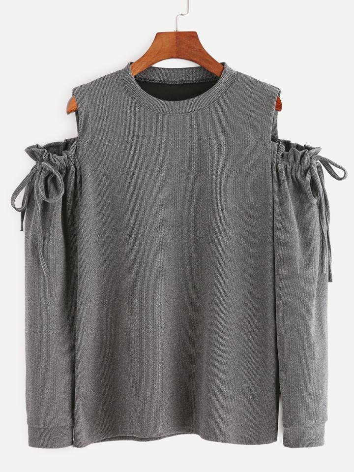 Romwe Grey Open Shoulder Drawstring Ruffle Detail T-shirt