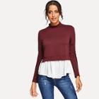 Romwe Mock-neck Contrast Ruffle Hem Pullover