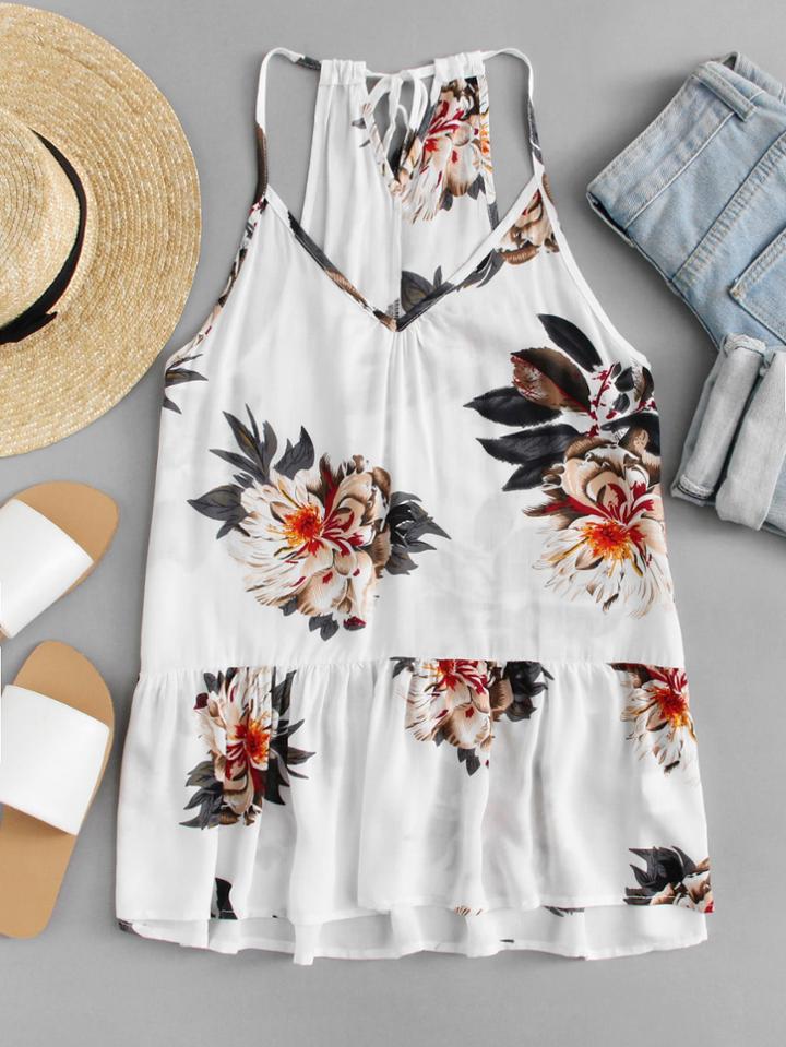 Romwe Floral Print Ruffle Hem Top
