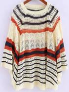 Romwe Striped Open-knit Cape Beige Sweater