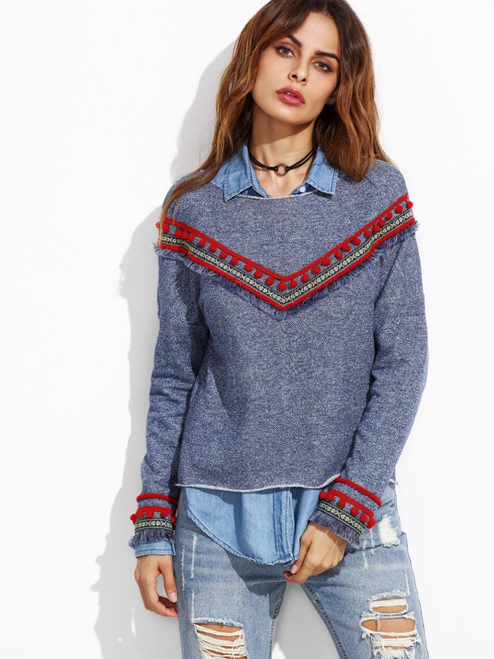 Romwe Blue Denim Look Sweatshirt With Embroidered Tape Detail