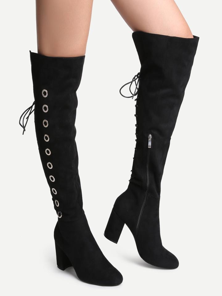 Romwe Black Point Toe High Heel Knee Boots