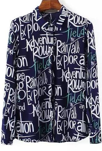 Romwe Lapel Letter Print Blue Blouse