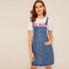Romwe Button Up Thick Strap Y-back Denim Dress