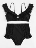 Romwe Ladder Strap Detail Ruffle Cold Shoulder Bikini Set