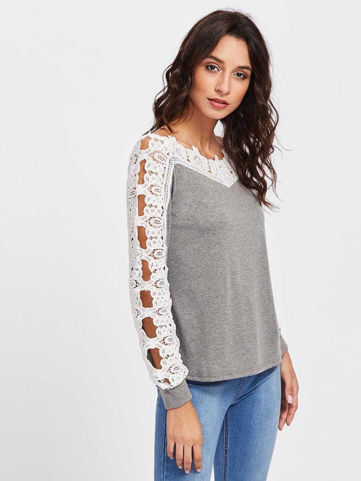 Romwe Hollow Out Lace Panel Tee
