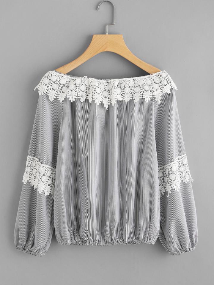 Romwe Off Shoulder Lace Trim Striped Top