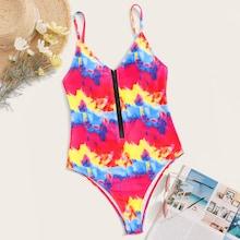 Romwe Random Tie Dye Zip Front One Piece Swimsuit