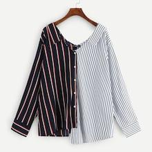 Romwe Plus Rolled Tab Sleeve Stepped Hem Striped Top