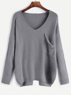 Romwe Grey V Neck High Low Pocket Sweater