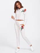 Romwe Flower Embroidery Patch Hoodie And Sweatpants Set