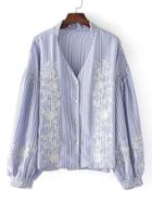 Romwe Drop Shoulder Vertical Striped Embroidery Blouse