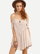Romwe Cold Shoulder Lace Overlay Swing Dress - Apricot