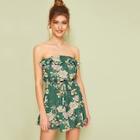 Romwe Floral Print Ruffle Knot Front Bandeau Romper