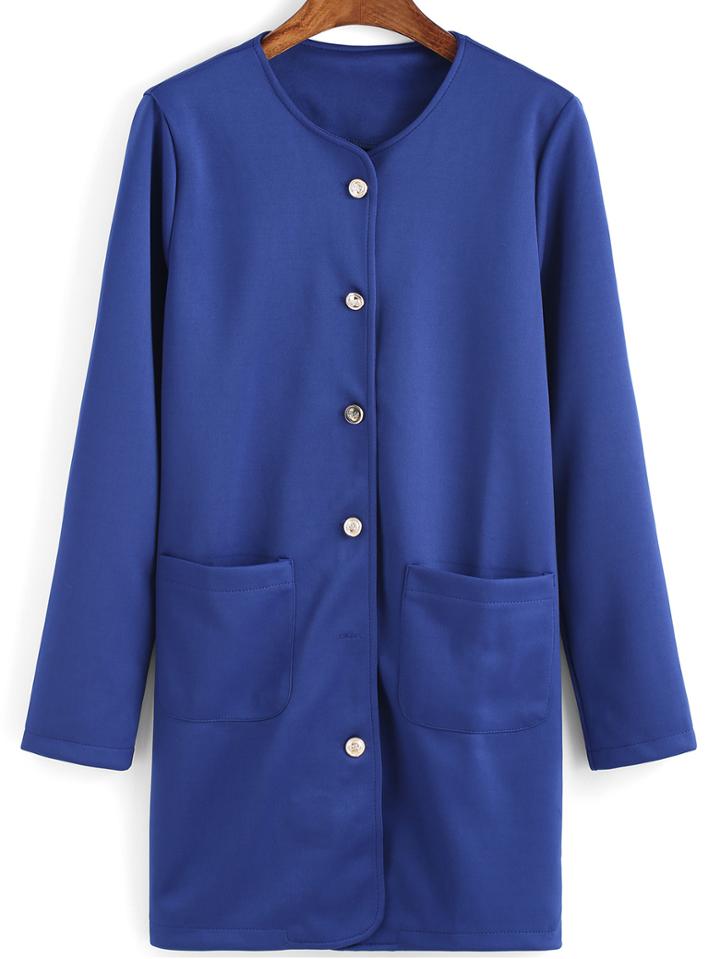 Romwe Pockets Buttons Long Blue Coat