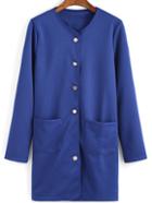 Romwe Pockets Buttons Long Blue Coat