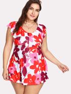 Romwe Floral Flounce Swim Dress Set