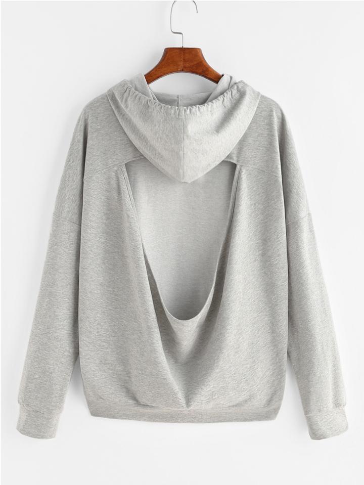 Romwe Heather Grey Open Back Drop Shoulder Hoodie