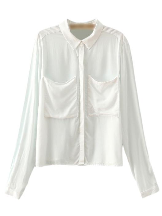 Romwe White Long Sleeve Pockets Buttons Lapel Blouse