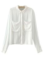 Romwe White Long Sleeve Pockets Buttons Lapel Blouse