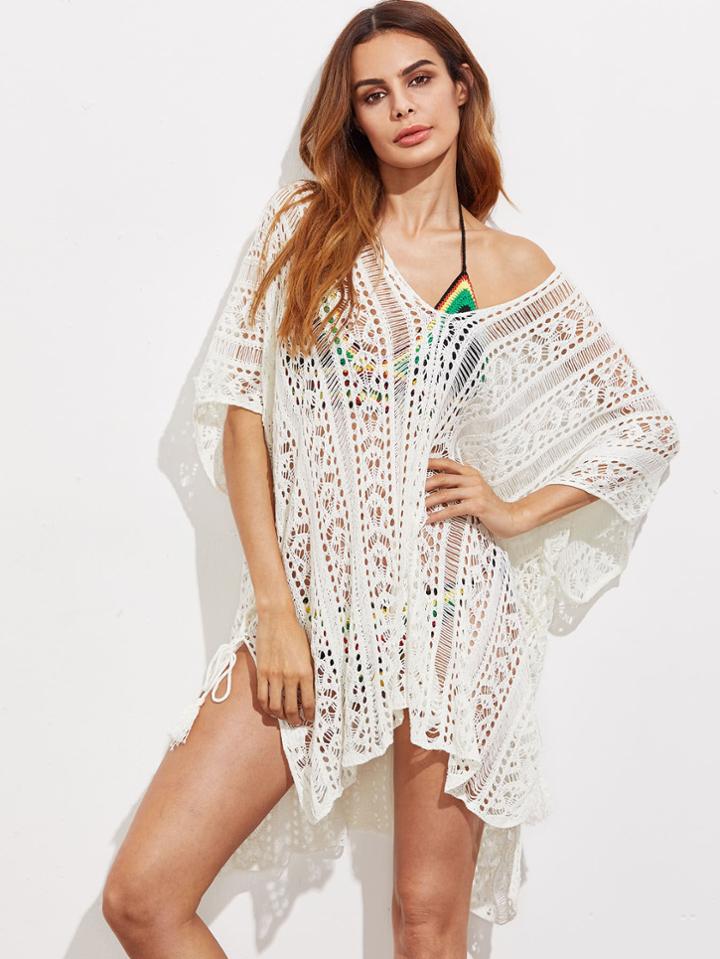 Romwe Double V Neck Crochet Cover Up