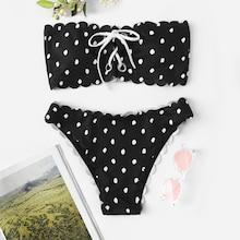 Romwe Random Polka Dot Lace-up Scalloped Trim Bandeau Bikini