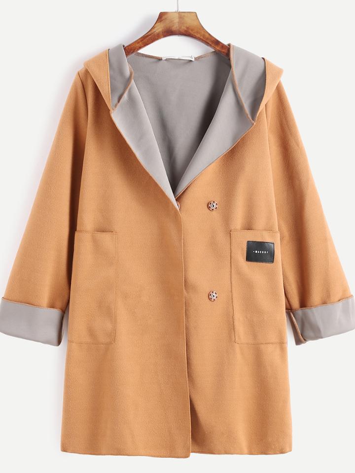 Romwe Khaki Pocket Patch Roll Sleeve Hooded Coat