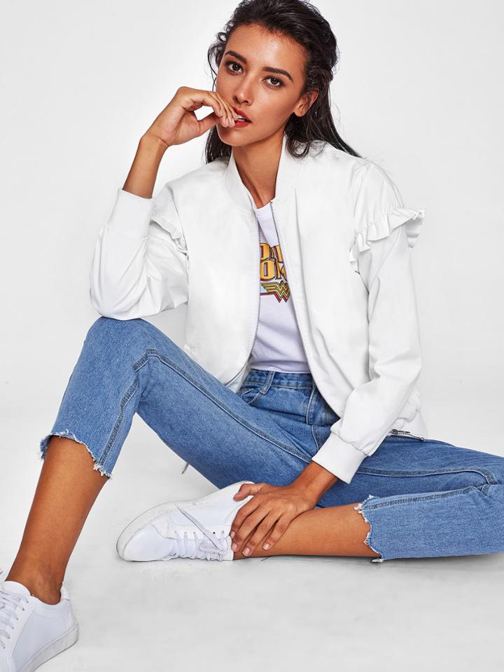 Romwe Ribbed Trim Ruffle Jacket