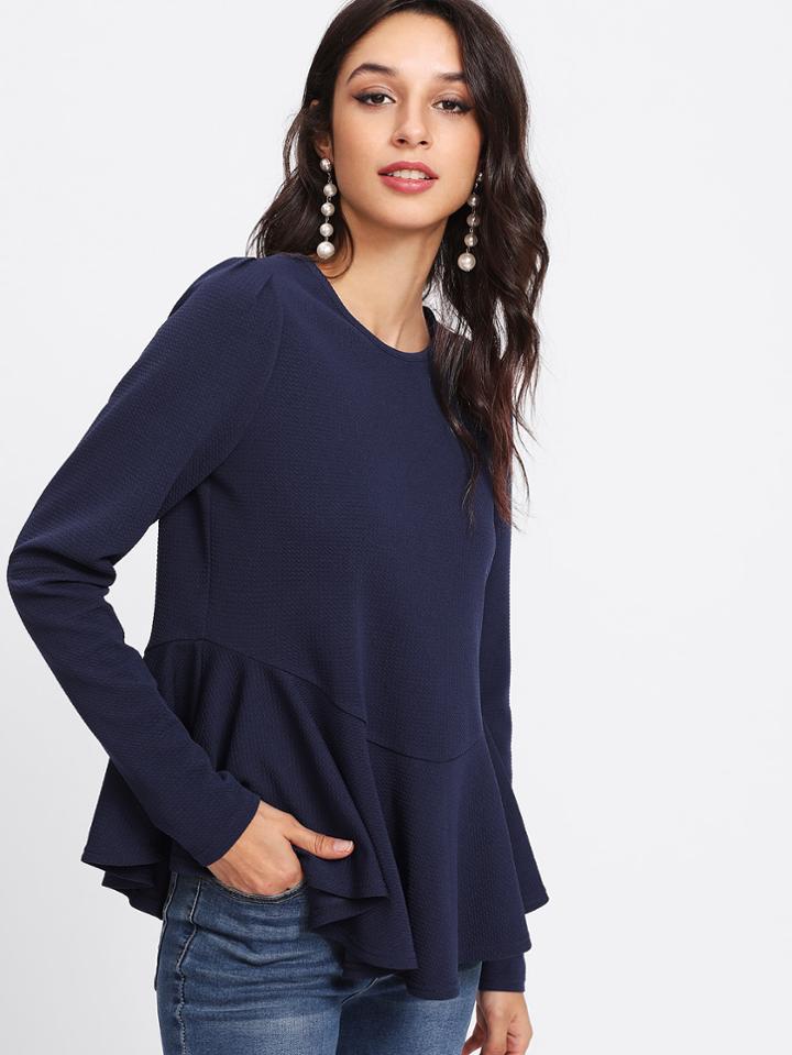 Romwe Buttoned Keyhole Back Flounce Trim Textured Top