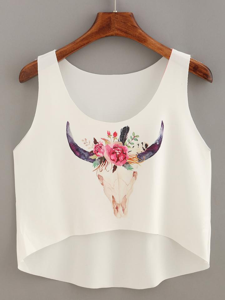 Romwe Bull Skull Print High Low Crop Tank Top