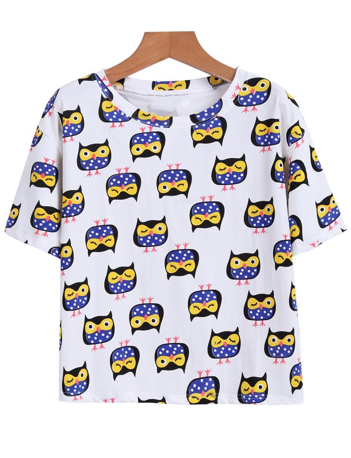 Romwe Owl Print Crop T-shirt