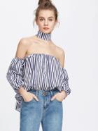 Romwe Blue Striped Off The Shoulder Top With Choker
