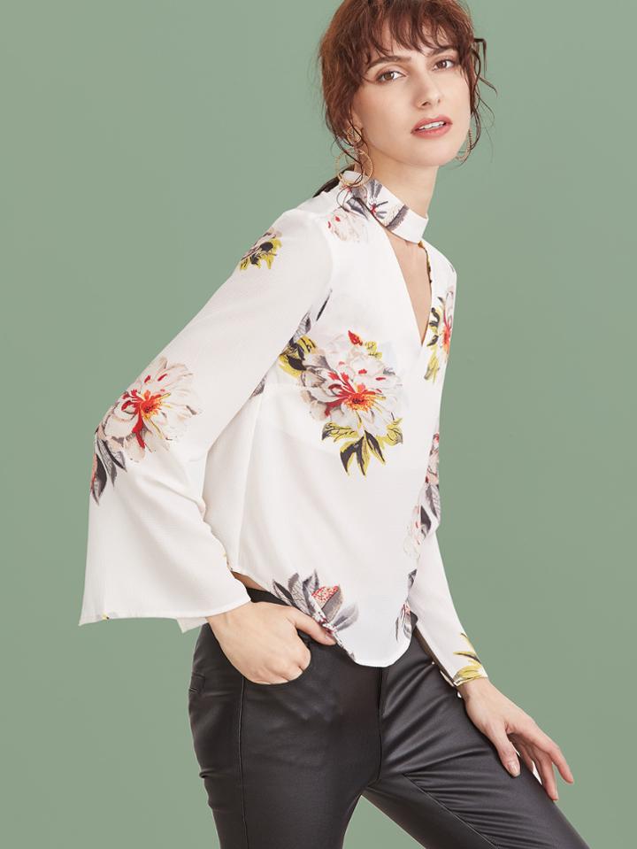Romwe Beige Flower Print Choker Neck Bell Sleeve Blouse