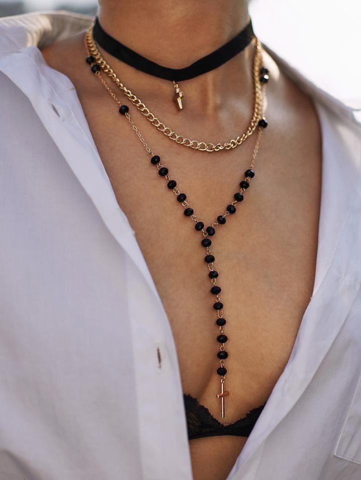 Romwe Cross Pendant Beaded Detail Layered Necklace