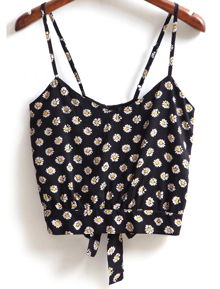 Romwe Spaghetti Strap Chrysanthemum Print Knotted Black Cami Top
