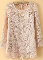 Romwe Round Neck Lace Embroidered Apricot Top