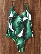 Romwe Green Leaf Print Ladder Cutout One-piece Swimwear