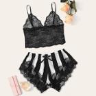 Romwe Floral Lace Bralette With Striped Shorts