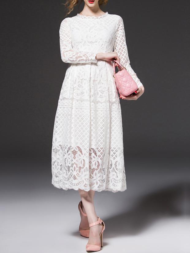 Romwe White Embroidered A-line Lace Dress
