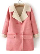 Romwe Lapel Double Breasted Pockets Suede Pink Coat
