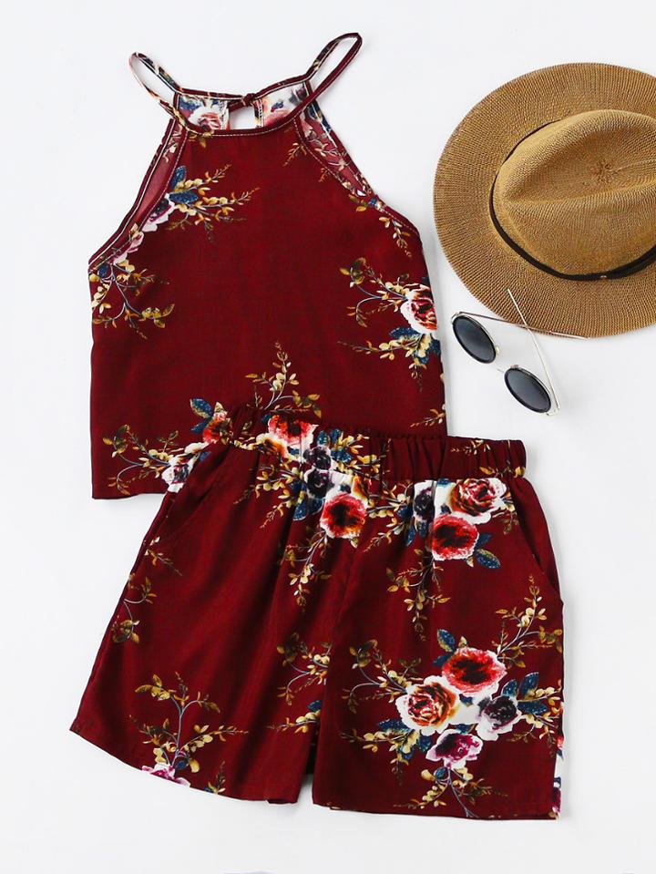 Romwe Floral Print Random Split Self Tie Cami Top With Shorts