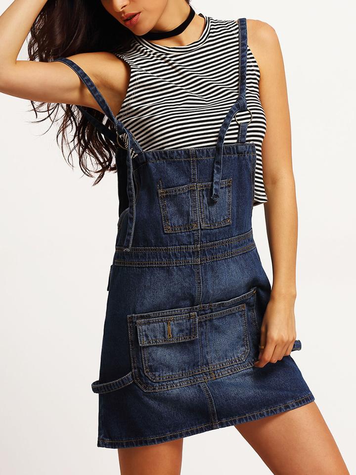 Romwe Blue Spaghetti Strap Pockets Denim Pinafore Dress