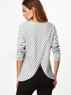 Romwe Grey And White Striped Pocket Front Split Back T-shirt