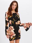 Romwe Bell Sleeve Floral Print Dress