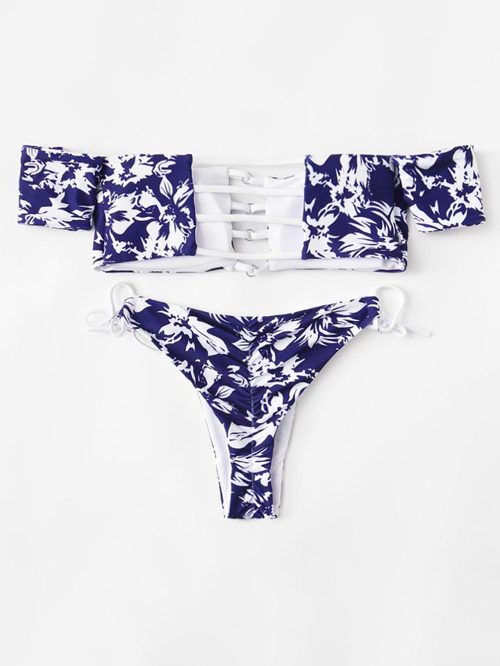 Romwe Ladder Cut Out Bardot Bikini Set